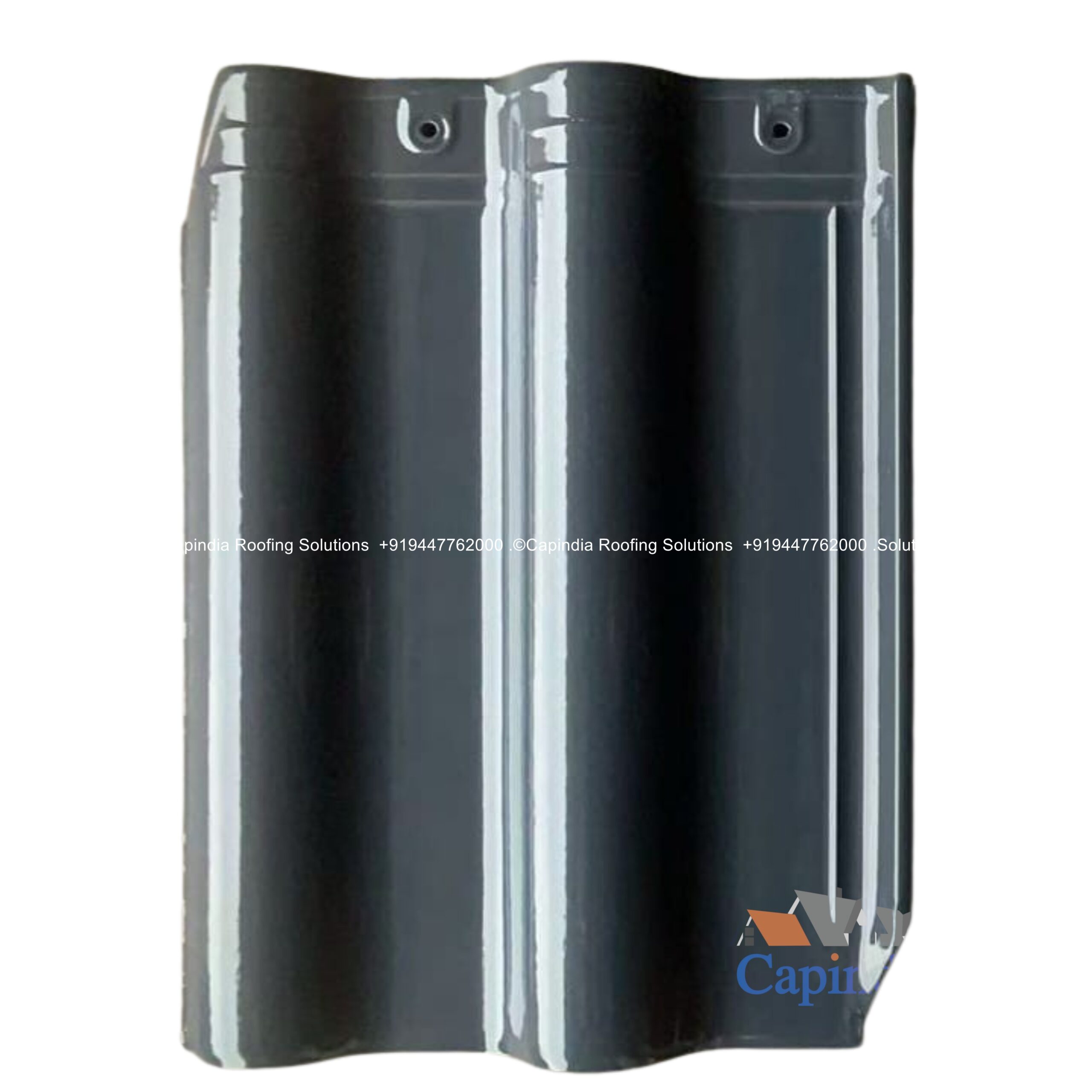 Close-up of Capindia’s Steel Grey Glossy ceramic roof tiles, showcasing a rich dark grey tone with a sleek, high-gloss finish for a luxurious look.