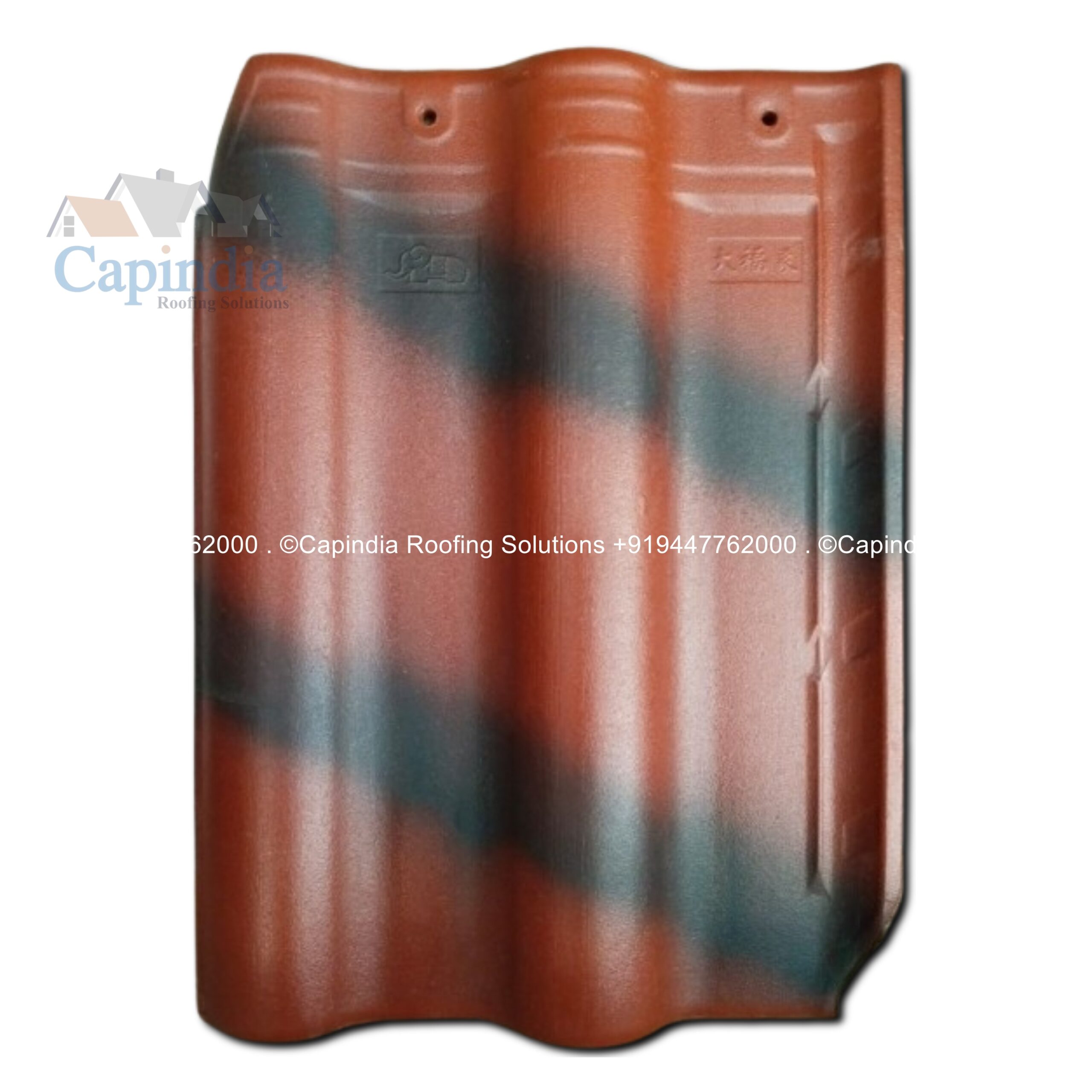 Affordable Red and Black Cross Line ceramic roof tiles featuring a bright red base with two black cross lines, offering a traditional South Indian look at a budget-friendly price.